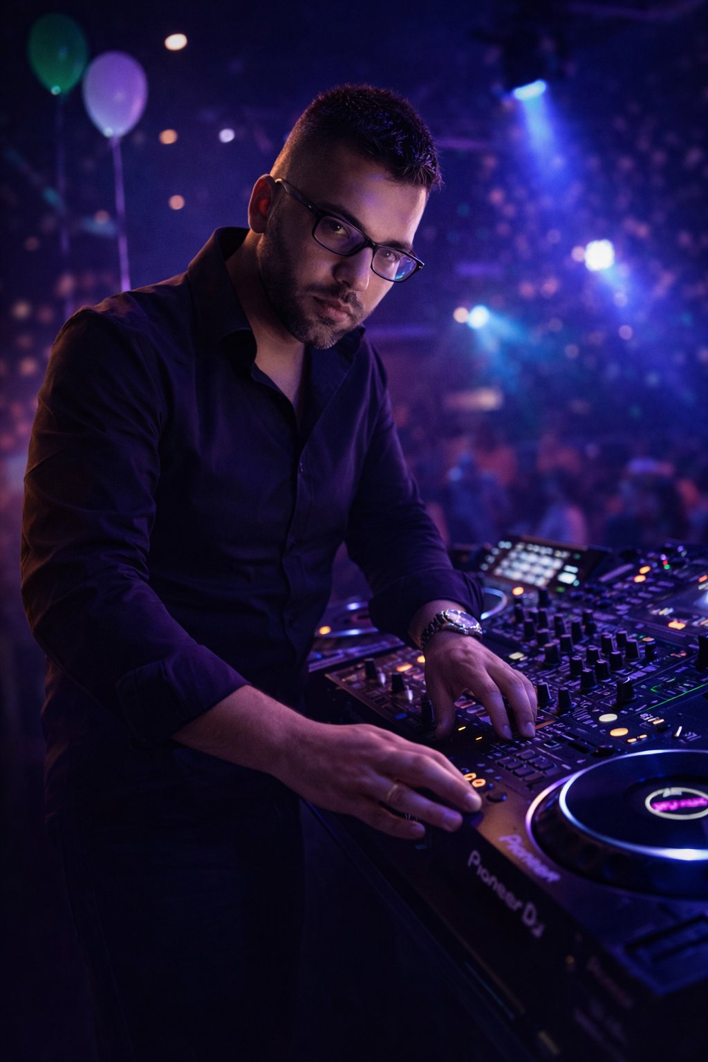 DJ Avva am DJ-Setup mit Club-Licht